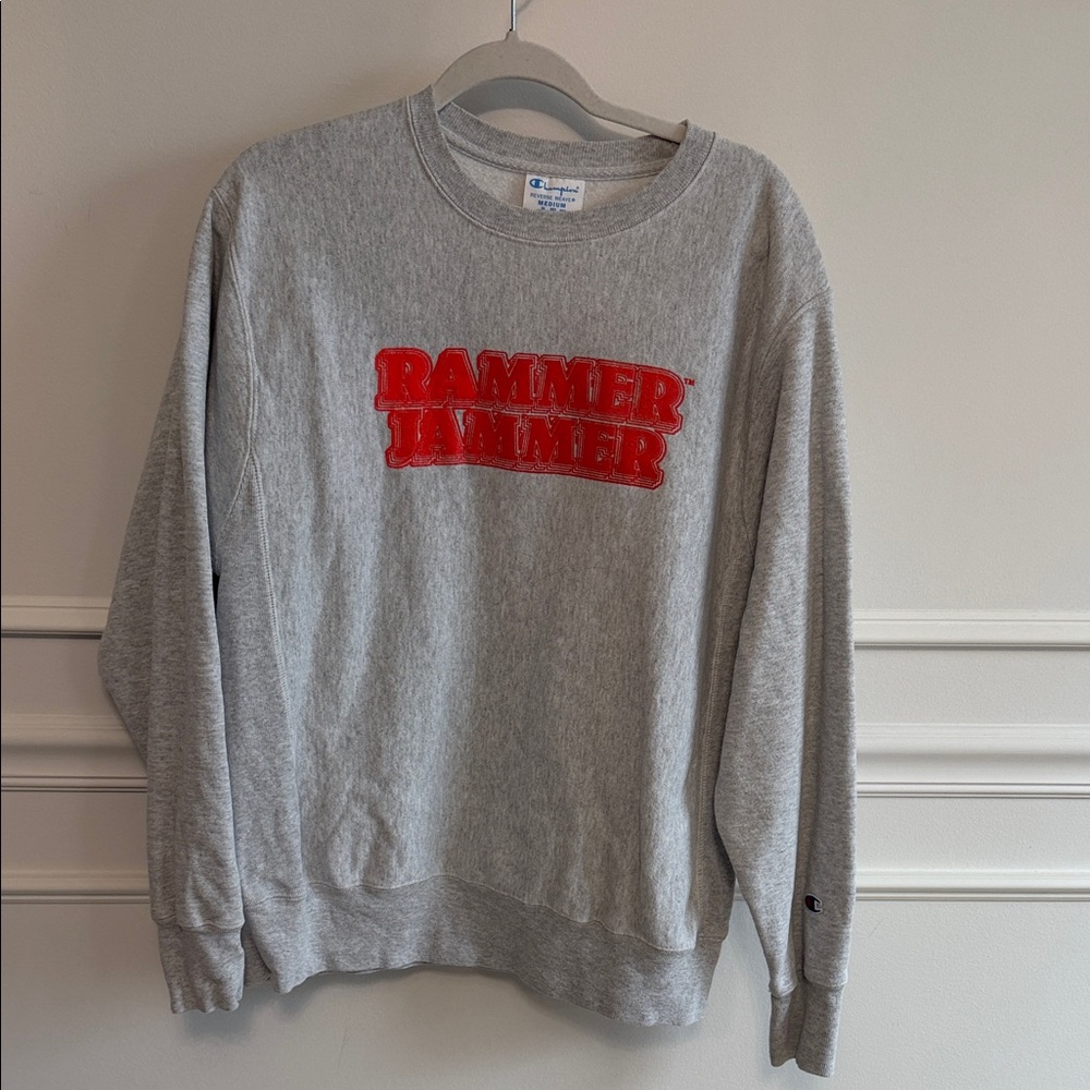 Champion Gray Crewneck Sweatshirt with Red 'Rammer Jammer' Alabama Chest Graphic
